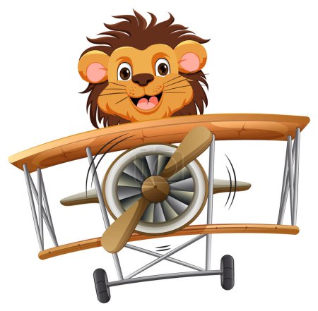 Téléchargez les illustrations : Lion dessin animé volant un avion classique en bois - en licence libre de droit