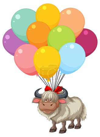 Illustration for Cartoon yak tied to vibrant multicolored balloons - Royalty Free Image