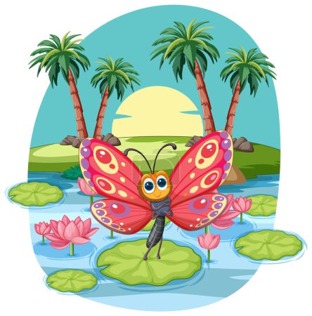 Illustration for Colorful butterfly character in a lush landscape - Royalty Free Image