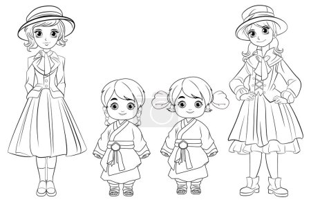Vector illustration of girls in vintage and traditional attire
