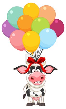Cartoon vache attachée à des ballons multicolores vibrants