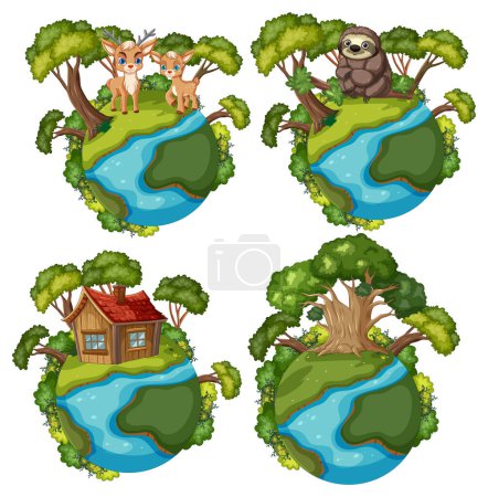 Vier Globen mit unterschiedlichen natürlichen Lebensräumen