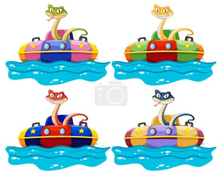 Téléchargez les illustrations : Quatre serpents profitant d'une promenade amusante en bateau - en licence libre de droit