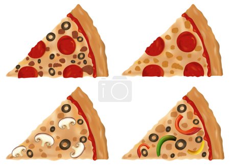 Four different pizza slices with various toppings