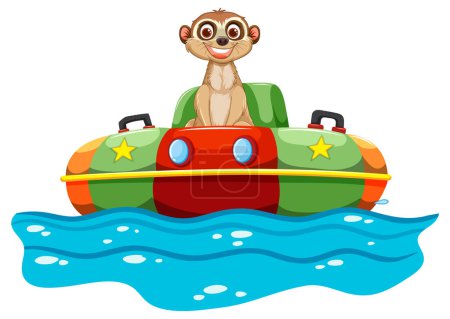 Meerkat en un barco de juguete vibrante en el agua