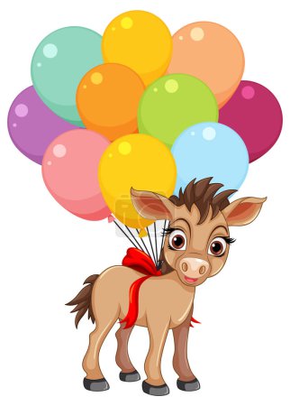 Illustration for Cute donkey tied to vibrant multicolored balloons - Royalty Free Image