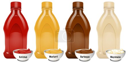 Illustration of ketchup, mustard, barbeque, mayonnaise bottles