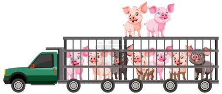 Ilustración vectorial de cerdos en un camión de transporte