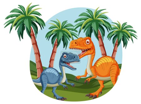 Zwei Dinosaurier unter Palmen in einem Wald