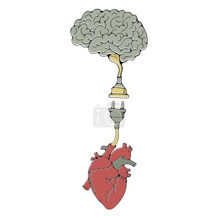 Illustration for Brain and heart connecting to each other with an electric plug - Royalty Free Image
