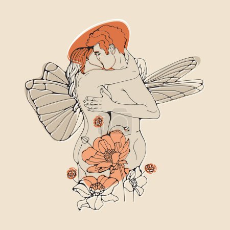 Téléchargez les illustrations : Love couple kissing embraced in a spring garden - en licence libre de droit