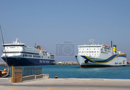 Photo for RHODES, GREECE-JULY 05,2011:Blue Star Ferries  and Anek Lines Ferry docked at Port to pick up tourists to travel between Islands - Royalty Free Image