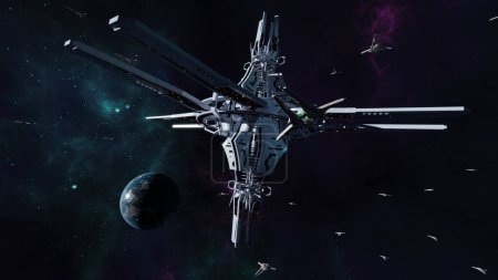 Foto de Representación 3D de una estación espacial de fantasía con naves espaciales y colores brillantes - Imagen libre de derechos
