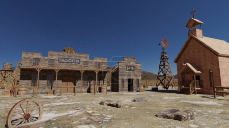Téléchargez les photos : Rendu 3D d'un vieux village abandonné occidental avec église, saloon et prison - en image libre de droit