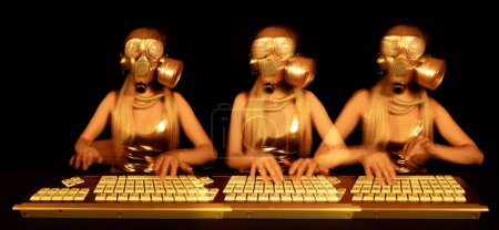 Foto de Una mujer con una máscara de gas de oro escribiendo en el ordenador - Imagen libre de derechos
