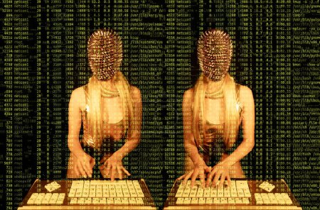 Téléchargez les photos : Une femme avec un masque à pointes d'or tapant sur ordinateur - en image libre de droit