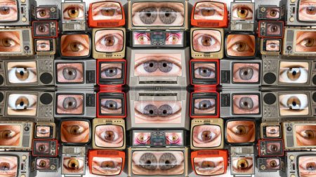 Photo for Amazing collection of vintage and retro televisions made into a tv wall with eyes on the screen - Royalty Free Image