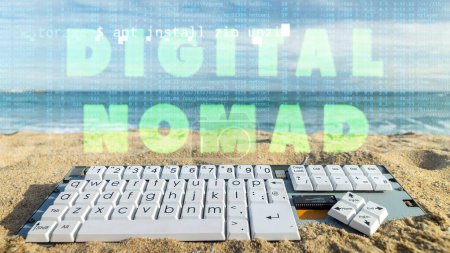 Photo for Retro vintage computer keyboard on a beach with words digital nomad - Royalty Free Image