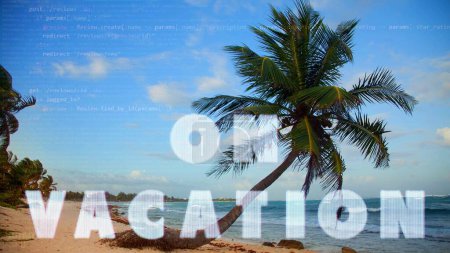 Téléchargez les photos : Plage paradisiaque avec palmiers et mots en vacances - en image libre de droit