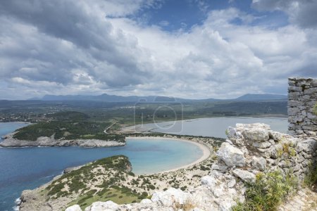 Photo for The stunning voidokilia beach in the peloponnese from navarino castle in greece - Royalty Free Image