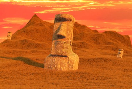 Téléchargez les photos : Têtes de statue de l'île de Pâques au coucher du soleil - en image libre de droit