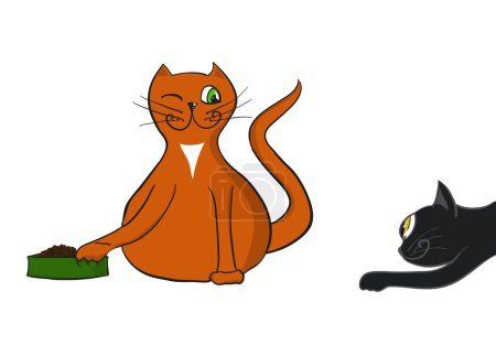 Téléchargez les illustrations : Black cat sneaks up on a ginger cat's food. Vector illustration - en licence libre de droit