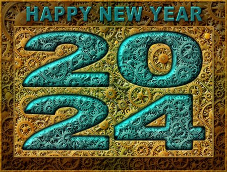 Photo for The year 2024 and the words Happy New Year illustrated with a pattern of interlocking gears. 3D Illustration - Royalty Free Image