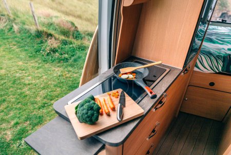 Vegan meal preparation in a camper van