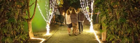 Foto de Vista trasera de un grupo de amigos irreconocibles caminando por el camino para entrar en un festival de música de la noche de verano en la naturaleza iluminado con guirnaldas de bulbos - Imagen libre de derechos