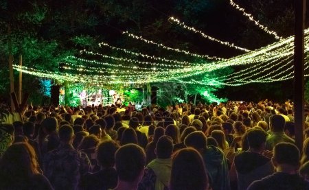 Foto de Vista trasera de personas irreconocibles escuchando concierto en un festival de música de la noche de verano en la naturaleza iluminado con guirnaldas bulbos - Imagen libre de derechos