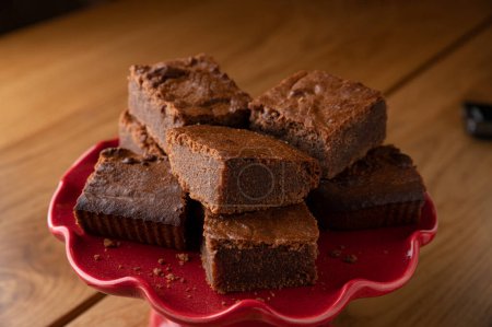 Chocolate brownies on a plate. Traditional American chocolate dessert. High quality photo