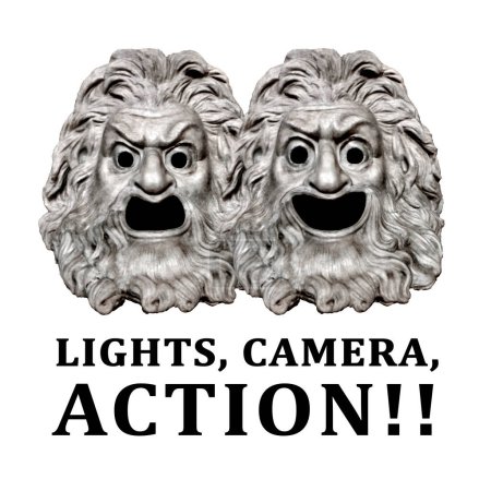 Foto de Logotipo gráfico de concepto de actuación con expresión feliz y triste griego stlye teatro máscaras y luces, cámara, tipo frase de acción en la parte inferior - Imagen libre de derechos