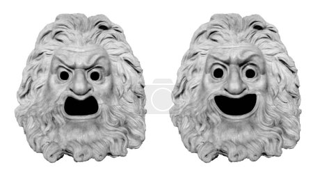Foto de Logotipo gráfico de concepto actuante con expresión feliz y triste máscaras griegas de teatro stlye aisladas sobre fondo blanco - Imagen libre de derechos