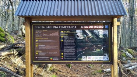 Tierra del fuego, Argentina; April 15 2022: Explanatory trail poster of laguna esmeralda hiking road, tierra del fuego province, argentina
