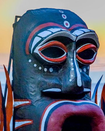 Montevideo, Uruguay; February 11 2024: Big african head mask sculpture at calls parade, montevideo, uruguay.