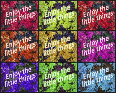 Photo for Enjoy little things text over floral background motif pattern in multicolored composition - Royalty Free Image