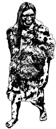 Prehistoric adult men standing full portrait shot black and white stencil style graphic illustration