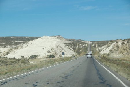 Ruta 3 highway crossing semi arid environment patagonian steepe landscape, trelew, chubut province, argentina