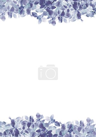 White background with top and bottom delicate mix of blue leaves decoration