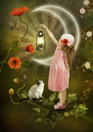 Little girl with a lamp in her hand and a kitten on a fabulous flower background