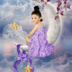 Little girl sitting on a crescent moon in the night sky, surrounded by stars