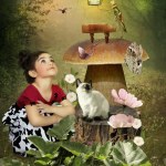 A little girl and a kitten look in fascination at the forest pianist playing in a magical forest