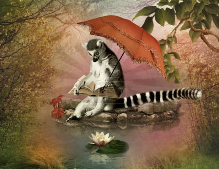 A lemur in pince-nez reading a book under an umbrella sits on a stone on the river bank