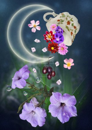 Téléchargez les photos : Bluebells de champ avec des gouttes de rosée dans l'herbe de nuit sous la lumière du croissant de lune et des fleurs tombantes d'une tasse sur un fond abstrait - en image libre de droit