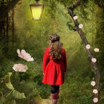 Little girl in a red coat on a walk in a magical forest