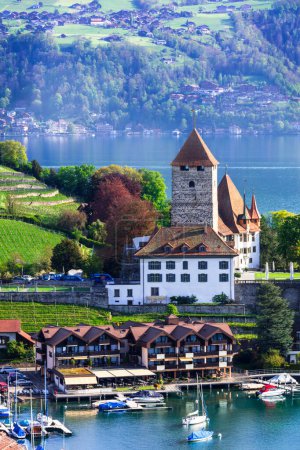 Photo pour Switzerland  travel. Scenic lake Thun and the Spiez village with its famous medieval castle and old town in the alps in Canton Bern - image libre de droit