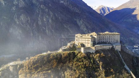 Italy .Famous medieval castles of valle d'Aosta - impressive Bard fort. aerial drone view
