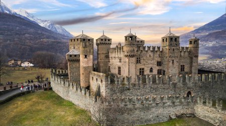 Téléchargez les photos : One of the most beautiful and famous medieval castles of Italy Castello di Fenis in Valle d'Aosta , aerial drone view - en image libre de droit