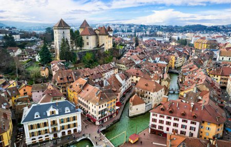 Photo for France travel and landmarks. Romantic beautiful old town of Annecy aerial drone view with medieval castle.  Haute-Savoi region - Royalty Free Image