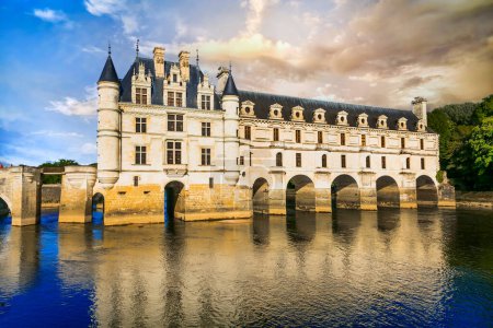 Foto de Castillo de Chenonceau de cuento de hadas al atardecer, hermosos castillos del valle del Loira, viajes a Francia y lugares de interés - Imagen libre de derechos